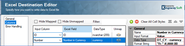 Currency Field in Premium Excel Destination Component